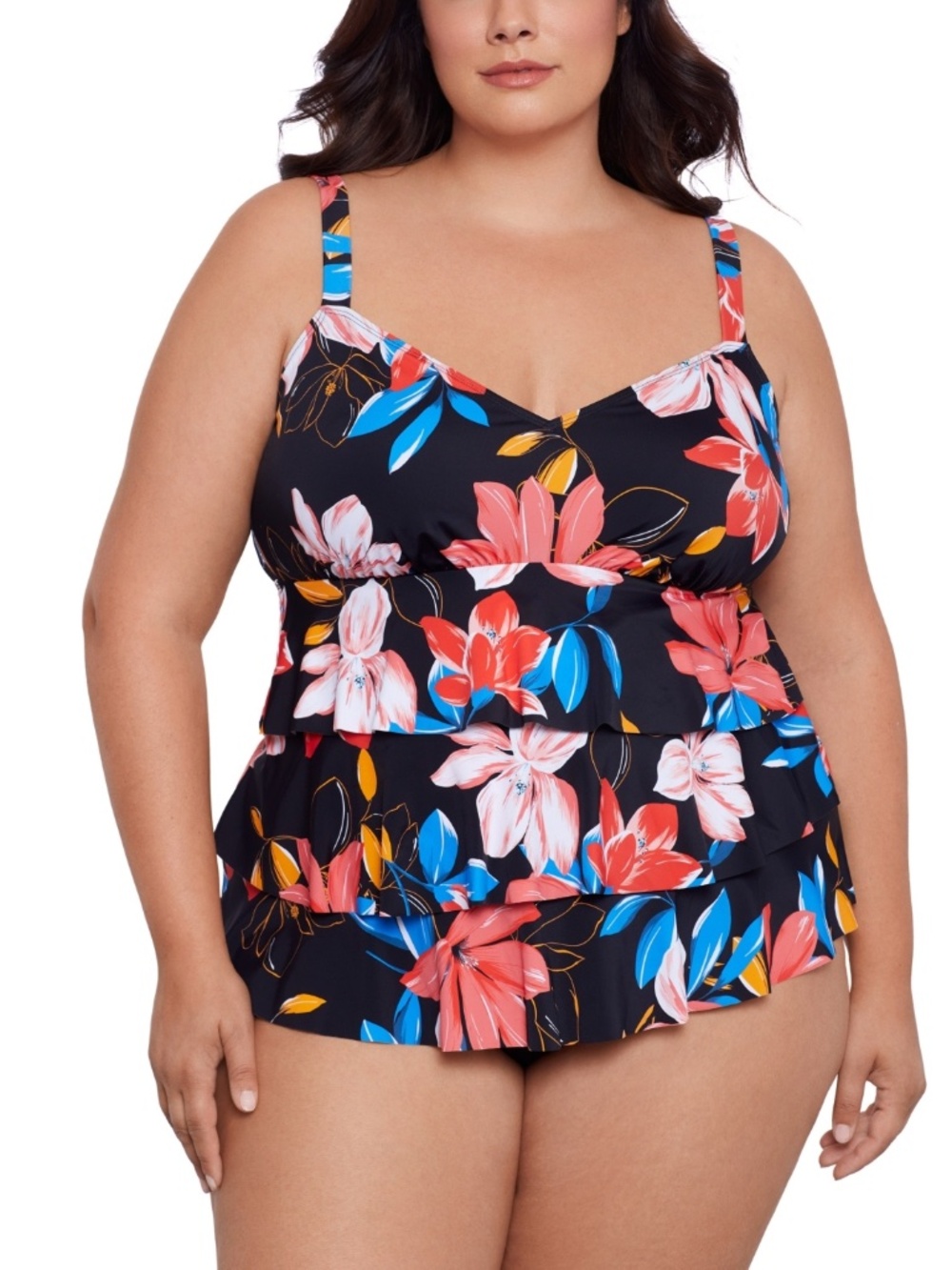 Swim Solutions Plus Size Tiered Floral-Print One Piece, Floral Park